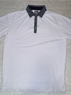 FootJoy White Polo with Navy/White Floral Patterned Collar - Sz M